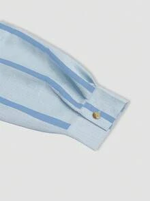1 chiếc áo sơ mi sọc rộng tay dài cài nút cho nữ, tươi mát, thoải mái, đi làm hàng ngày, du lịch mùa xuân, hẹn hò ở quán cà phê, tiệc ngoài trời, ngày lễ trở lại trường, xuân/hè/thu - Màu xanh lam - Xem 8