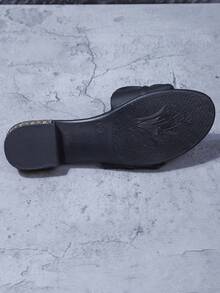 女士低跟拖鞋，波西米亚风时尚休闲性感婚礼 PU 皮革褶皱鞋面，女士平底凉鞋，适合婚礼、派对、办公室、家居、夏季 - 黑色 - 查看 7