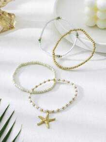 4pcs/Set Bohemian Handmade Beaded Stackable Elastic Bracelets, Colorful Multistrand Pearl Bead Bracelet With Gold Starfish Pendant, Anklet, Summer Beach Boho Jewelry Gift