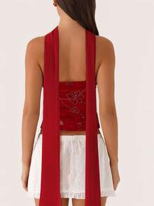 Women Y2K Sequin Tube Top With Neck Scarf Sparkly Floral Bandeau Cami Pearl Embellished Glitter Rhinestone Going Out Shirt - 紅色 - 查看 3