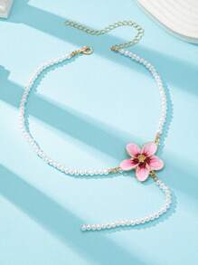 1 pièce Collier floral de perles fausses fait main de style boho, pendentif floral émaillé rose, collier ras-de-cou en chaîne Y pour femmes, bijoux de mode convenant pour un port quotidien, des sorties ou au bureau