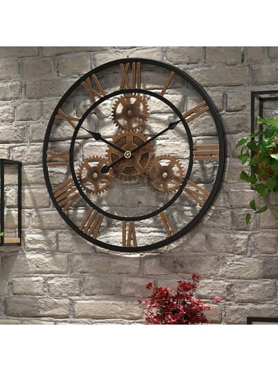1pc Retro European Large Goud Metal Gear ed Wand Clock, 19.7/23.6 Inch Silent Quartz Movement, Countryside Garden ation, Indoor Outdoor Creative Timer Room Bedroom Dormitory Back To School Surprise Home Supplies