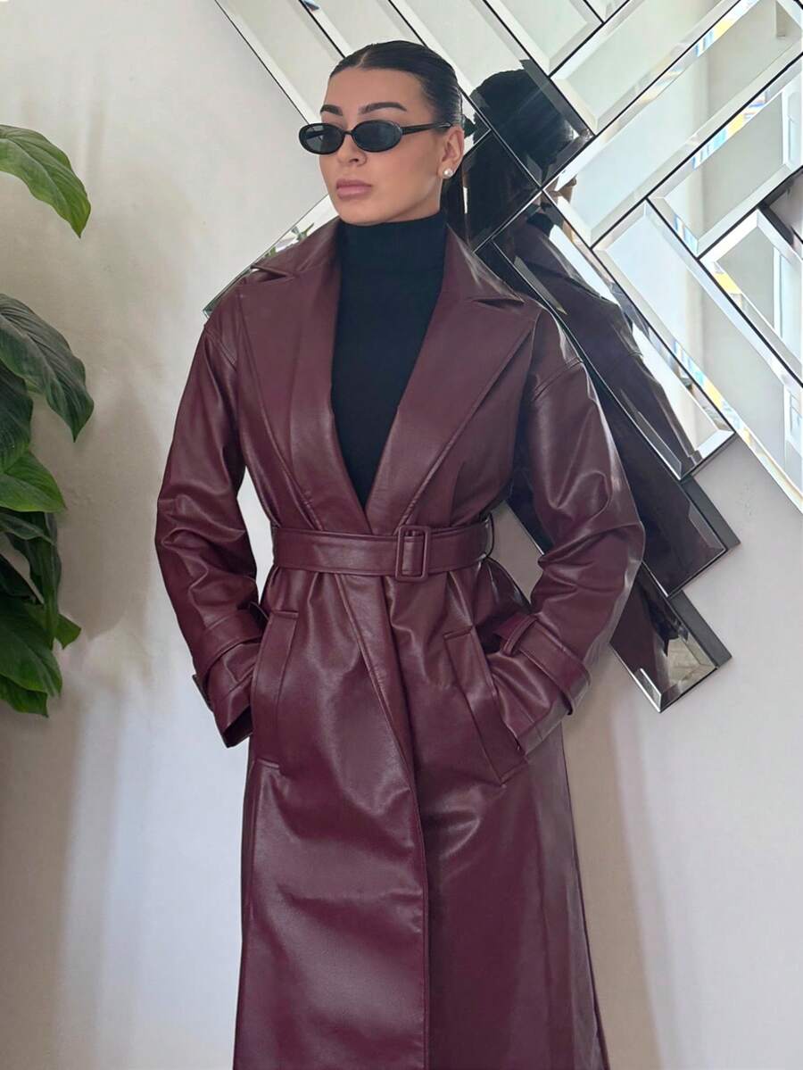 Andrea Bello 酒红色 PU 皮革现代街头风格长款女士常规夹克，秋冬 - 酒紅色 - 查看 1