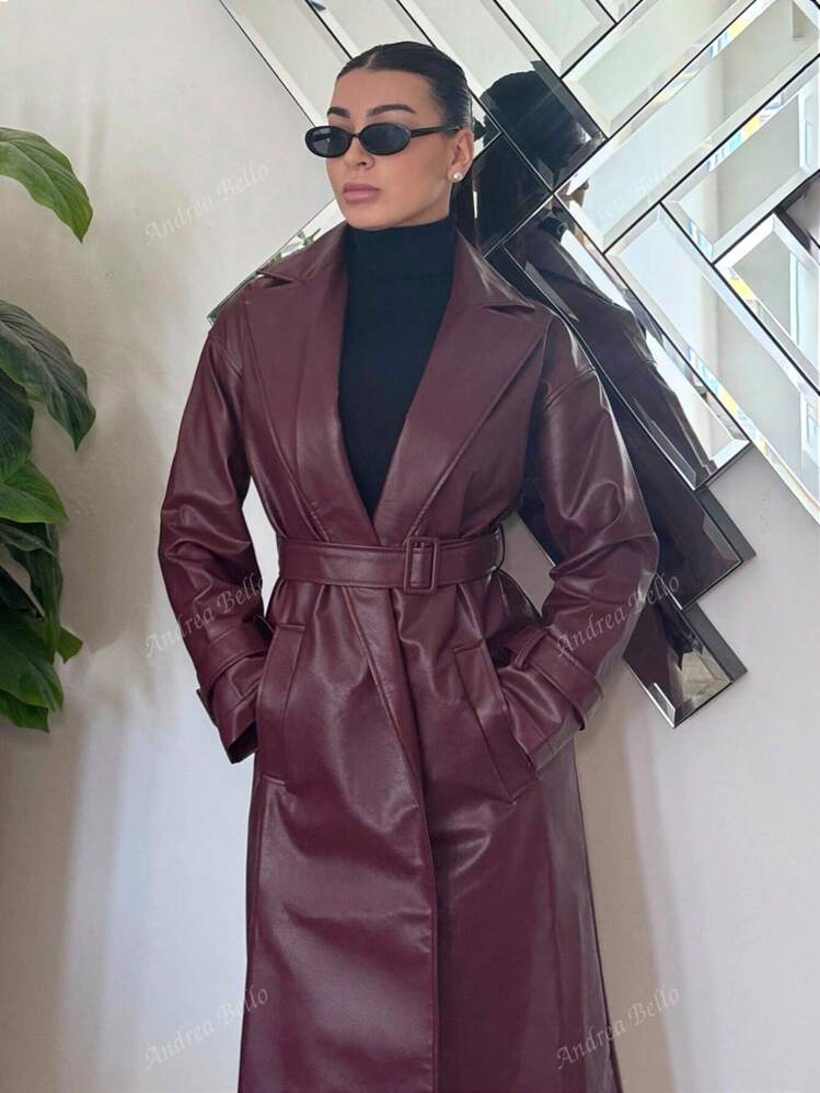 Andrea Bello Wijnrode PU-leren moderne straatstijl lange damesjas, herfst/winter