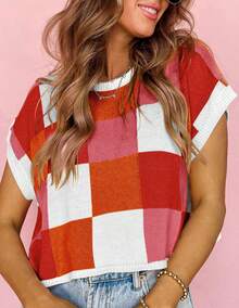 Women's  Color Block Crop Tops Summer Cap Sleeve Knit Tee Shirt Going Out Crew Neck Casual Sweater - 紅色 - 查看 4