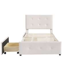 Cama tapizada 90x200 cm, cama individual, cama con dos cajones, cama juvenil plana, cama de invitados, tela de terciopelo, beige - Beis - Ver 6