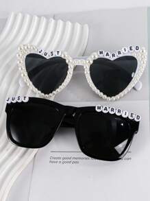 2pcs Y2K Retro Style Party/Wedding Couple Fashion Glasses Set - Women Faux Pearl Decor Heart Shape Beach Accessories, Women Glasses & Fashion Glasses Fashion Glasses For Women Ladies Shades Beach Accessories Vintage Y2k Valentine's Day For Summer Beach Vacation,Outdoor,Travel Pearl Decor Party Style Combination Frame For Music Festival
