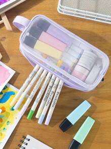 Trousse à crayon de type maille transparente à 2 compartiments, sac de rangement pour maquillage et cosmétiques avec grille et poignée, organisateur transparent pour marqueurs, pour bureau, voyages, étudiant, rentrée scolaire, trousse à crayons, sac scolaire
