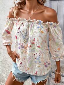 3D Floral  Estampado Integral  Floral    Bohemio    Chifón    Volante fruncido    Vacaciones    Primavera - Blanco - Ver 2