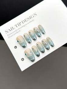 10pcs Medium Oval Nail Tips, Handmade Elegant Nail Sticker Decals - Blue-Green Cat Eye Marble Gradient With White Rhinestone Butterfly Decorations, Suitable For Women And Girls In Various Occasions, Comes With A Nail Set - Multicolor - View 2