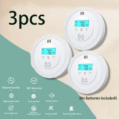 XUK 3pcs Carbon Monoxide Detectors With Digital PPM Display, Test Button & Easy Installation - Battery-Powered (No Batteries Included) For Home Safety, Gas Alert System | Compact Detector Design | Durable Detector