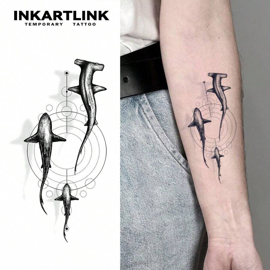 INKARTLINK 动感鲨鱼纹身贴纸，简约海洋几何波浪设计，临时纹身，防水持久 1-2 周 - 黑色 - 查看 1