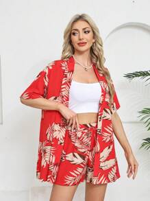 2pcs Women Summer New Casual Printed Vacation Style Cardigan And Shorts Set, Suitable For Home Wear