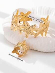 2 pièces Ensemble de bague et bracelet inspiré de l'océan avec étoile de mer, bracelets et bagues dorés pour femme, bijoux de conception élégante convenant pour la plage, les voyages, les fêtes et le port quotidien