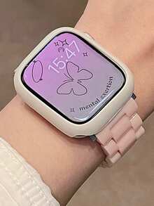 Carcasa de reloj de silicona suave con estampado de estrellas + Correa de reloj de plástico acrílico, compatible con Apple 42mm 46mm 41mm 38mm 40mm 42mm 44mm 45mm 49mm, estilo japonés/coreano ultradelgado para mujer, compatible con IWatch Series 10 9 8 SE 7 6 5 4 3, conjunto de correas deportivas de unicolor minimalista - Rosa Pálido - Ver 5