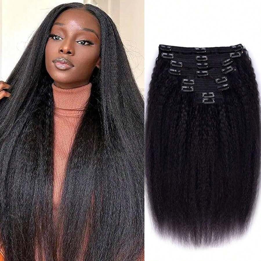 Kinky Straight Clip In Hair Extensions For Women Full Head Brazilian Virgin Human Hair Natural Black Color,8/Pcs With 18Clips,22 Inch, Kinky Straight - Natural Black - View 1