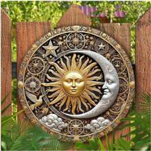 1 Peça, Placa Redonda de Ferro com Tema Sol e Lua, 20cm X 20cm, Decoração Interna e Externa, Decoração de Guirlanda, Adequado para Casa, Bar, Garagem, Cafeteria e Arte de Porta e Parede, Presente de Feriado, Suprimentos Decorativos de Estilo Rústico