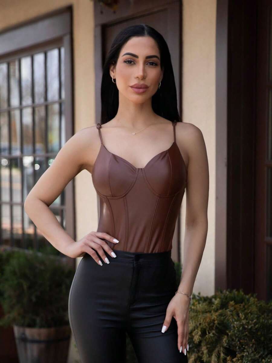 Carolina Barros Solid PU Leather Casual Fashion Cami Bodysuit - Coffee Brown - View 1
