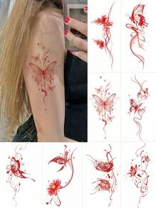 8 hojas de tatuajes temporales de mariposas Y2K rojas para la parte baja de la espalda, tatuajes realistas a prueba de agua para manos, espalda, pecho y cuello, para fiestas, festivales y suministros de maquillaje diario - Rojo - Ver 10