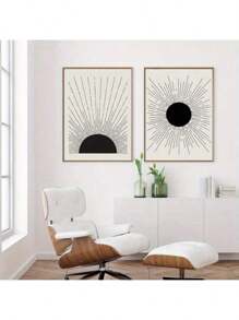 Set Of 2 Minimalist Sun Art Prints - Black & White Abstract Sunburst Designs - Frameless Modern Wall Decor For Living Room, Office - 2D Flat