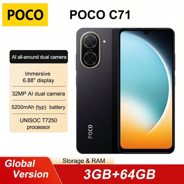 Xiaomi Smartphone Xiaomi POCO C71 3 Go + 64 Go Version mondiale Capacité de la batterie 5 200 mAh Charge rapide 15 W Processeur UNISOC T7250 Écran Dot Drop 6,88 pouces Taux de rafraîchissement jusqu'à 120 Hz Caméra principale 32 MP