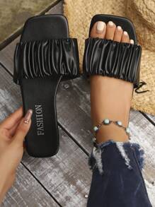 Women's Casual Slip-On Sandals With Ruffle Strap, Beaded Flower Decor, Transparent Strap Elements, Square Toe, Solid Color Flat Flip Flops