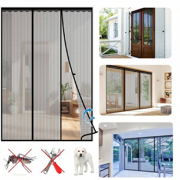 Magnetic Screen Door, Double Door Screened Magnetic Closing, Self-Closing Magnetic Screen Door Hands-Free For Garage Doors, Sliding Doors, Large Patio Doors Anti-Fly Insect Screen Auto-Close Easy To Install - Black