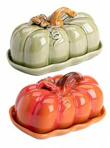 7in Fall Pumpkin Butter Dish Pumpkin Shaped With Lids, Ceramic Butter Keeper For Kitchen, Container For Butter, Dishes, Fruits, Decorate For Halloween Thanksgiving