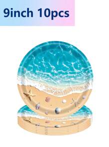 10 Stücke Ozean-Muschel Party Pappteller Sommer Geschirr Einweg Dinner Teller Papierbecher Papiertaschentücher Serviette, geeignet für Ferien Party Dinner Teller See Welle Hochzeit Geburtstag Party Hochzeit Zuhause Büroparty, exquisites Handwerk, modisch passend für Picknick