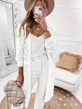 Plusstorlek Dam Vår/Sommar Casual Hollow-Out Långärmad Stickad Kofta, Medellång Stickad Topp