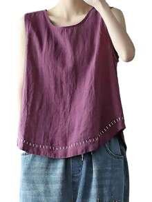 Women's Tank Tops Summer Causal Versatile Solid Color Plus Size Loose Sleeveless Linen Shirt - Purple - View 6