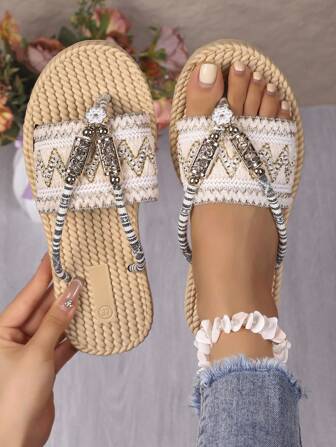Zomer Nieuwe Boheemse Strass Clip Teen Dames Mode Elegante Slipvaste Platte Sandalen