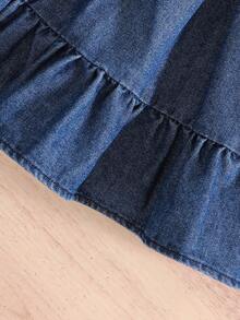 Vestido vaquero casual con volantes y parches, con tirantes ajustables, para bebé y niñas pequeñas, nueva llegada de verano - Azul lavado oscuro - Ver 6