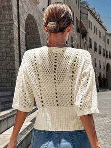 Women's Knitted Casual Commuter Top, Spring Summer Solid Color V Neck Short Sleeve Hollow Out Loose Cardigan, Modest Vintage Old Money Style Back To School Fall/Autumn Clothes - 白色 - 查看 2