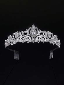 1pc Luxury Zirconia Crystal Bridal Crown Headband, Austrian Elegant Geometric Baroque Gemstone Style Jewelry, Wedding Bride, Birthday Party Gift, Cosplay Photography, School Dance Tiara Valentine's Day Accessories - Silver - View 6