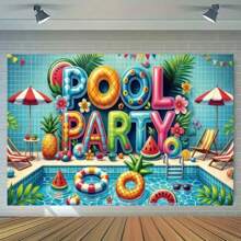 1pc Polyester Pool Party Background Banner, Pool, Swimming Ring, Beach Chair, Sunglasses Design, Theme Party Photo Background, Used In Birthday Parties, Theme Parties, Family Indoor And Outdoor Party Decoration