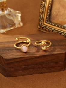 2pcs Stainless Steel Plated 18k Gold French Elegant Pink Gemstone, Double Headed Heart Ring Set, Suitable For Daily Wear, Parties, Festivals, Beach Vacations, Gifts Or Collections