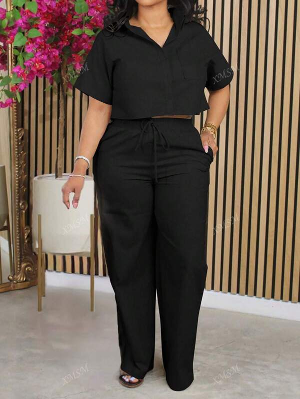 2pcs/Set Linen Casual Wide-Leg Pants And Short Sleeve Top Suit, Autumn