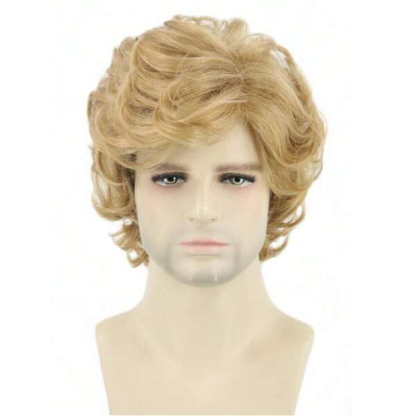 Herren kurzes lockiges Haar flauschiges beige kurzes lockiges Herrenhaar flauschige Hochtemperatur-Seidenperücke Herren kurzes lockiges Haar