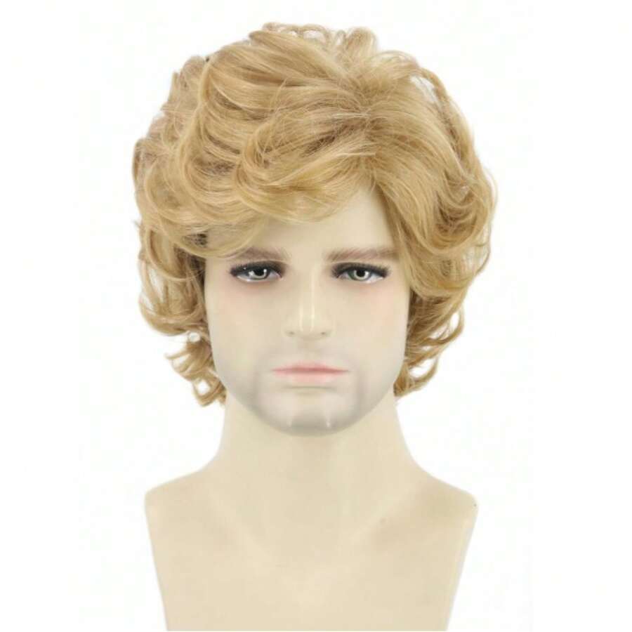 Herren kurzes lockiges Haar flauschiges beige kurzes lockiges Herrenhaar flauschige Hochtemperatur-Seidenperücke Herren kurzes lockiges Haar