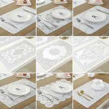 2/4PCS多種款式兩種規格（30*45CM/38CM）長方形PVC餐墊，銀色蕾絲花邊，高級感輕奢餐廳隔熱防水墊，獨特設計，高級質感 ，隔熱，適用於家庭餐廳，輕奢餐廳，咖啡館甜點店可用， 戶外野餐，圖案隨機發