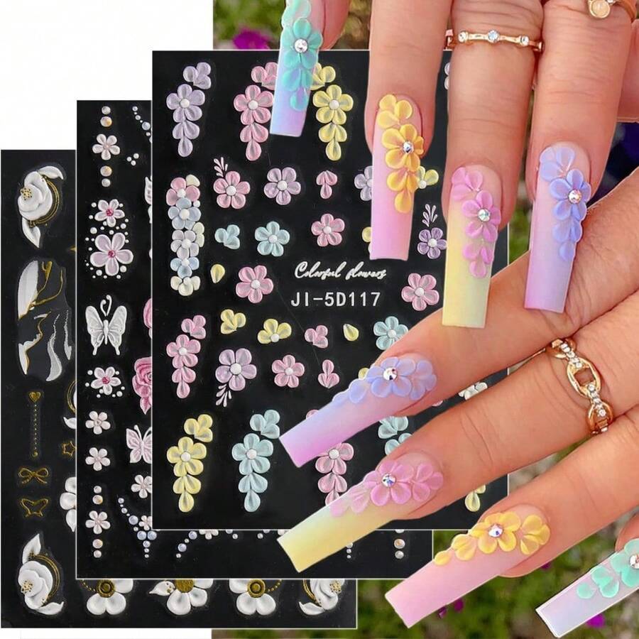 5 150PCS Vivid 5D Embossed Floral Nail Art Stickers - Reusable With Pink, Purple And White Butterfly Chains And Spring Flower Patterns - Perfect For Fake Nail Art Decorations, DIY Projects And Fashion Women's Nail Decorations, Suitable For Daily Travel - 5 五張/150PCS - 查看 1