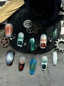 10 Peças de Unhas Postiças Irregulares em Formato de Caixão Médio, Listradas Multicoloridas Estilo Y2K Completamente Cobertas, Estilo Punk Europeu Garota Legal, Pontas de Unhas Estilo Francês Contrastante, Adequado para Meninas e Mulheres, Acompanha 1 Mini Lixa de Unha e 1 Etiqueta Adesiva