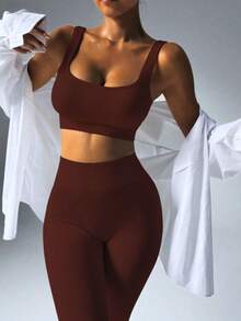 Fitness Set In Ribbed, Full-Bodied Polyamide - Top And Leggings - High Compression - Cà phê nâu - Xem 8