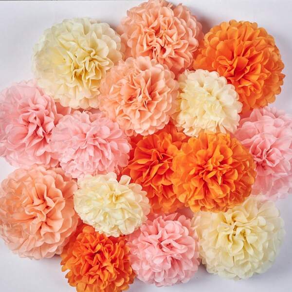 16 stuks papieren tissue pompon bloemenkrans decoratie, roze en oranje bloemen, geschikt voor bruiloften, verjaardagen, schoolopeningen, verjaardagsfeestjes, huis- en buitendecoratie
