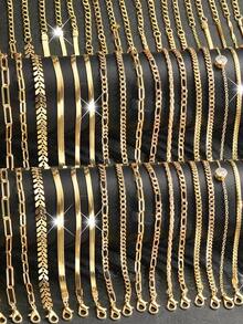 20pcs/5pcs Set Elegant Everyday Gold Tone Women Layered Bracelets, Snake Chain, Lock Chain, Twisted Chain, Assorted Bracelet Set For Girls, Everyday Wear - Gold - View 3