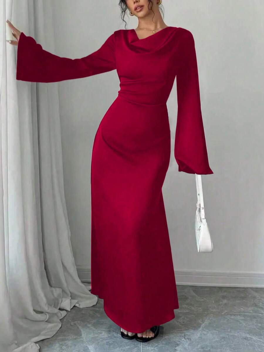 女士优雅纯色喇叭袖阿拉伯风格连衣裙