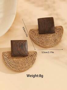 2pcs/Set Women's Fashion Boho Style Semi-Circle Wooden Rattan Handmade Hoop Drop Earrings, Suitable For Summer Beach, Seaside & Holiday Casual Wear