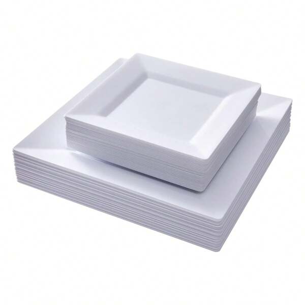 White Square Plastic Plates, Versatile For Appetizers, Desserts, Cakes, Pizzas, Salads, Simple And Elegant Plates, Suitable For Birthday, Wedding Party, Team Building And Daily Use (Multiple Combination Sizes Available For Different Group Sizes)