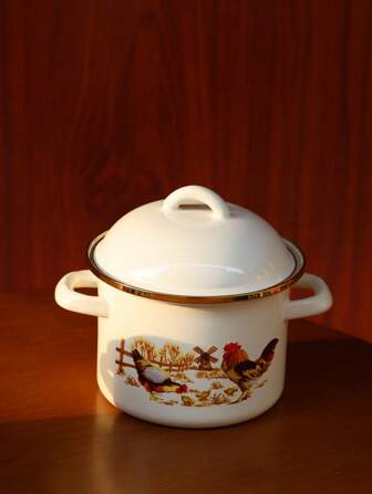 1 PC Enamel Double Ear Pot With A Lid , Featuring Vintage Rooster Pattern (Symbol Of Auspiciousness And Harvest) Suitable For Indoor And Outdoor Cooking, Decoration, And Holiday Gifts For Christmas, Halloween, Easter, And Thanksgiving. Suitable For Gifting To Relatives And Friends, Halloween Gifts